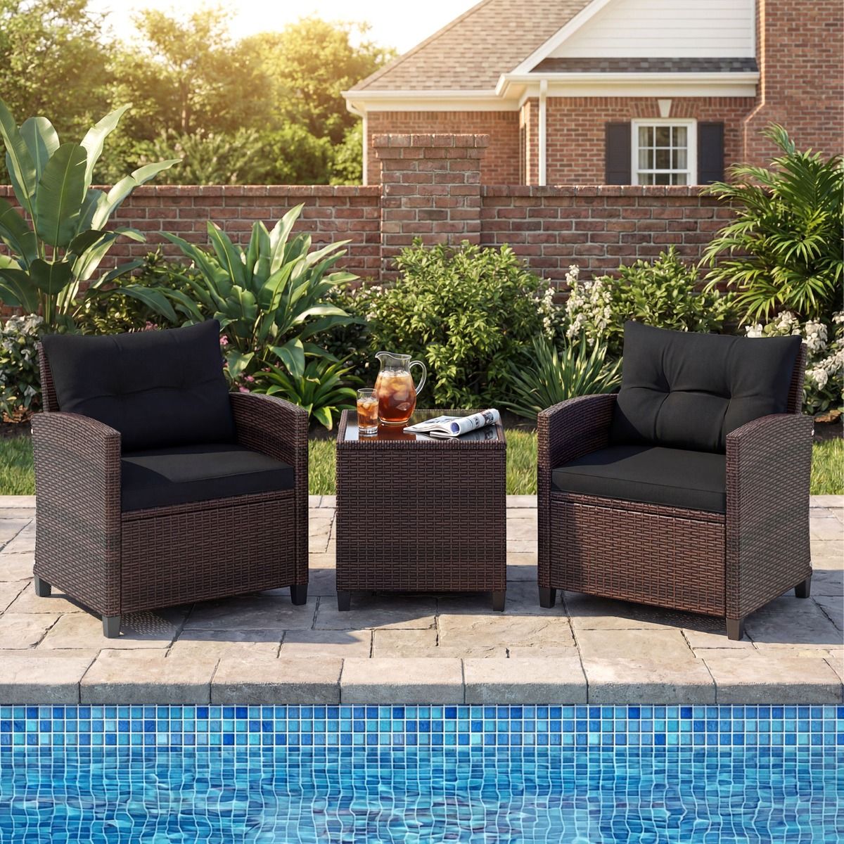 Coast 3-delige tuinset - rotan bistroset met 2 stoelen en tafel - gehard glas en kussens - zwart