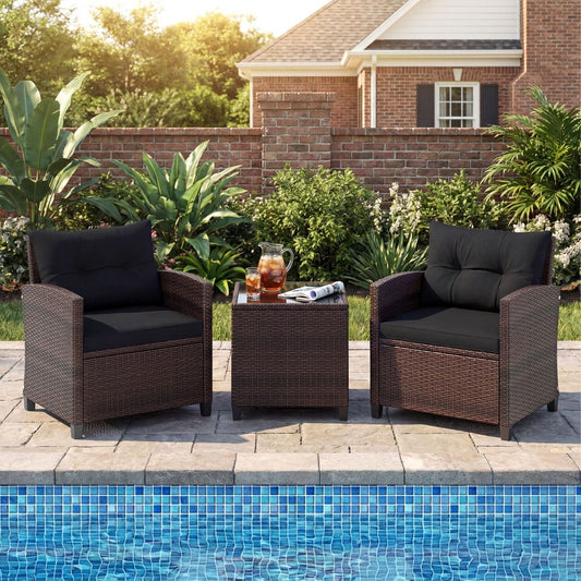 Coast 3-delige tuinset - rotan bistroset met 2 stoelen en tafel - gehard glas en kussens - zwart