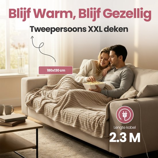 STAUS&BACH Elektrische deken 3XL - 2 persoons bovendeken - Dubbelzijdig Fleece Sherpa Warmtedeken - Beige - 180x160 cm PowerNap