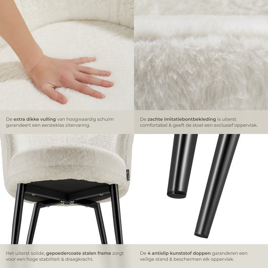 tectake® Fauteuil Stella - Kuipstoel met armleuning – Comfortabele Eetkamerstoel – Keukenstoel – Dikke vulling – Voor woonkamer en eetkamer – Met imitatiebont bekleding - crème/zwart