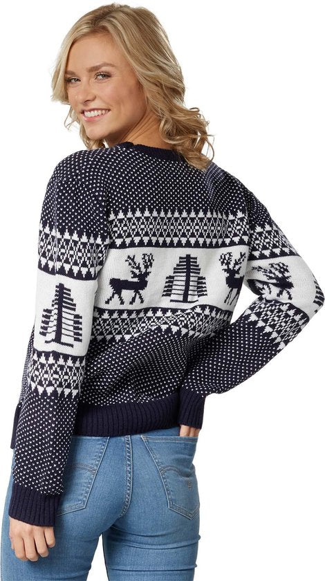 dressforfun - Kersttrui Winterwonderland blauw-wit voor vrouwen L - verkleedkleding kostuum halloween verkleden feestkleding carnavalskleding carnaval feestkledij partykleding - 303352