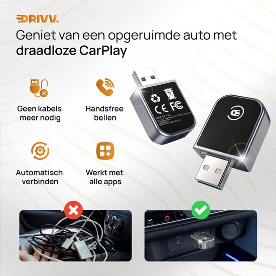 Drivv. 2-in-1 CarPlay Dongle - USB-C & USB-A Aansluiting - Draadloos CarPlay - Wireless CarPlay - Zwart