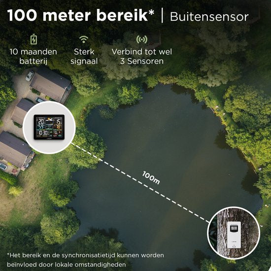 LONQ Weerstation Binnen en Buiten Q5 - Incl. Batterijen - Draadloos Weerstation met Buitensensor - Thermometer Hygrometer - Kleurendisplay - DCF Gestuurde Klok