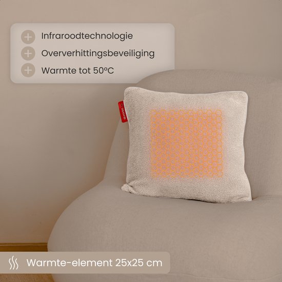 Auronic Warmtekussen - Sherpa Fleece - 45x45 - Draadloos - Oplaadbaar - Elektrisch kussen - Infrarood - Beige