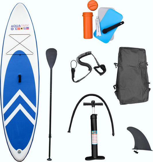 AQUAPARX MKII Professional Sup Board - Opblaasbaar peddelboard - voor beginners en gevorderden - 1 persoon - compleet geleverd - wit/blauw
