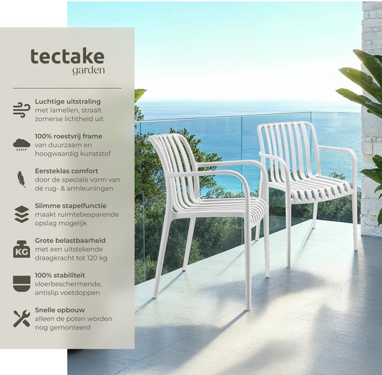 tectake® Set van 4 Tuinstoelen Alcudia - Creme - Kunststof Stoelen met Armleuning - Tuinset voor om de Tuintafel of op de Camping - Stapelbaar - Stoelen voor Tuin, Terras of Balkon - Weerbestendig en UV-bestendig - Draagkracht 120kg per Tuinstoel