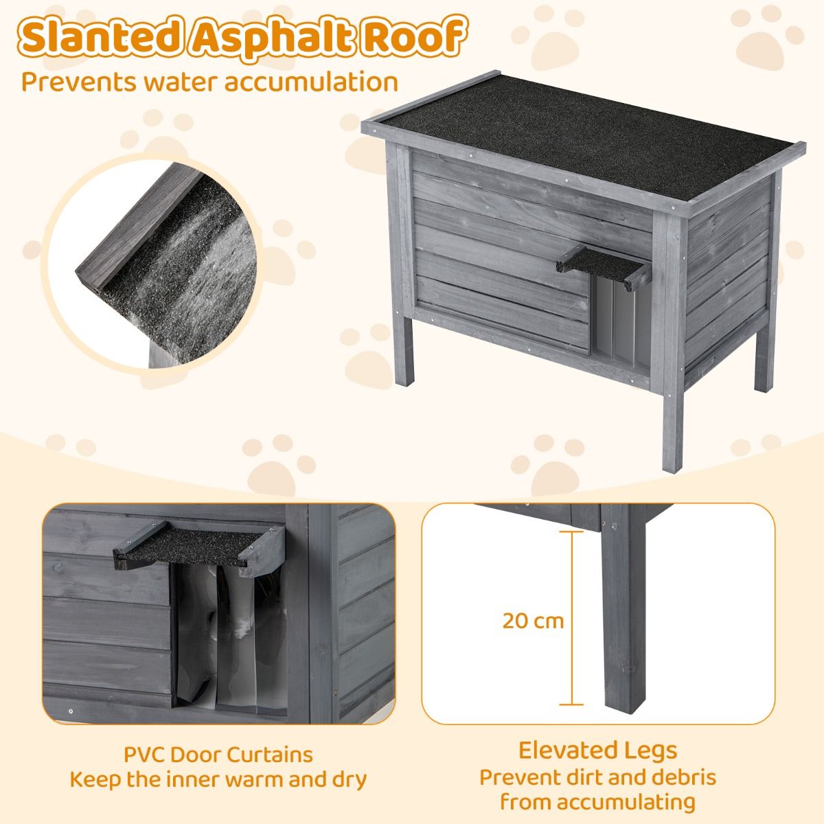 Coast Geïsoleerd kattenhuis voor buiten - houten schuilplaats met openklapbaar dak - donkergrijs 88 x 55 x 71 cm