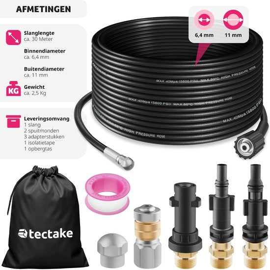 tectake® rioolslang - leidingreinigingsslang 2x leidingreinigingsmondstuk - afvoerreiniger voor hogedrukreinigers - leidingreiniging - afvoerleiding - rioolreiniger - toiletreiniger - 30 meter