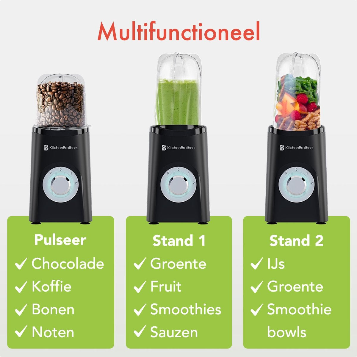 KitchenBrothers Smoothie Blender  2-in-1 - 4 Bekers Mini Blender To Go  Mini Blender  Zwart