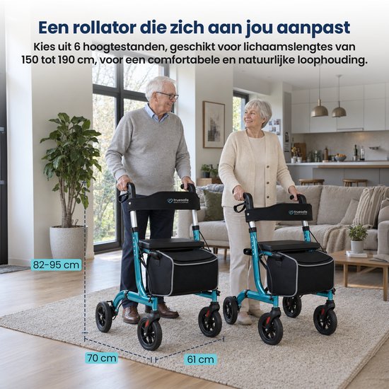 TrueSafe Rollator lichtgewicht en opvouwbaar (6,9 kg) - Voor binnen en buiten - Incl. ergonomisch zitkussen, verlichting, rugleuning, wandelstokhouder en meer - Blauw