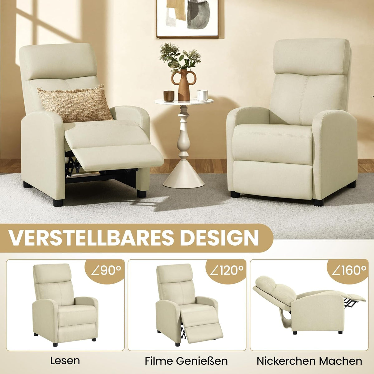 Yaheetech Relaxstoel TV Stoel - 87 x 61,5 x 99 cm - Verstelbare Voetsteun - Beige
