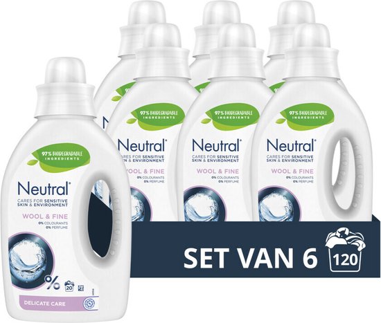 Neutral Vloeibaar Wasmiddel - Parfumvrij en Hypoallergeen - Wol & Fijn - 6 x 20 Wasbeurten - Voordeelverpakking