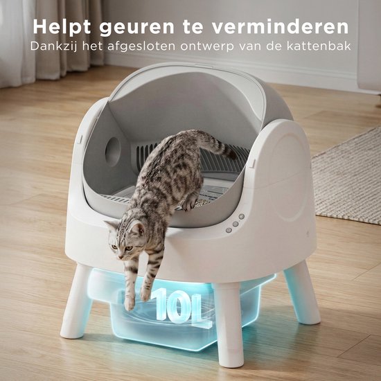 TrevoPet® Automatische Kattenbak - Zelfreinigend & Veilig - Voor Katten tot 12KG - Incl. Mat, 60 Afvalzakjes & Accessoires - 10L Afvalbak - Wit & Grijs