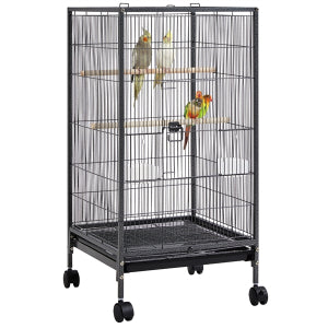 Yaheetech Vogelkooi Met Verrijdbaar Onderstel – Voorzien Van Uitschuifbare Lade En 4 Plastic Voerbakjes En 3 Houten Zitstokken – Voor Kleine Vogels En Parkieten – Gehamerd Zwart Metaal En Massief Hout – 45,5 x 45,5 x 100,5 cm