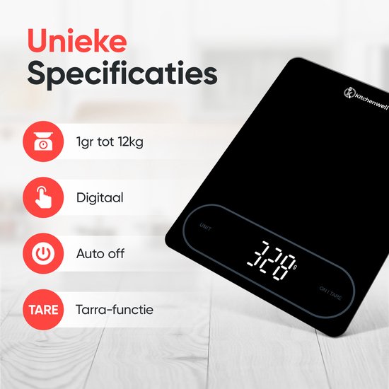 Kitchenwell Digitale Precisie Keukenweegschaal – Weegschaal Keuken - 1gr - 12kg – Tarra Functie - USB - Zwart
