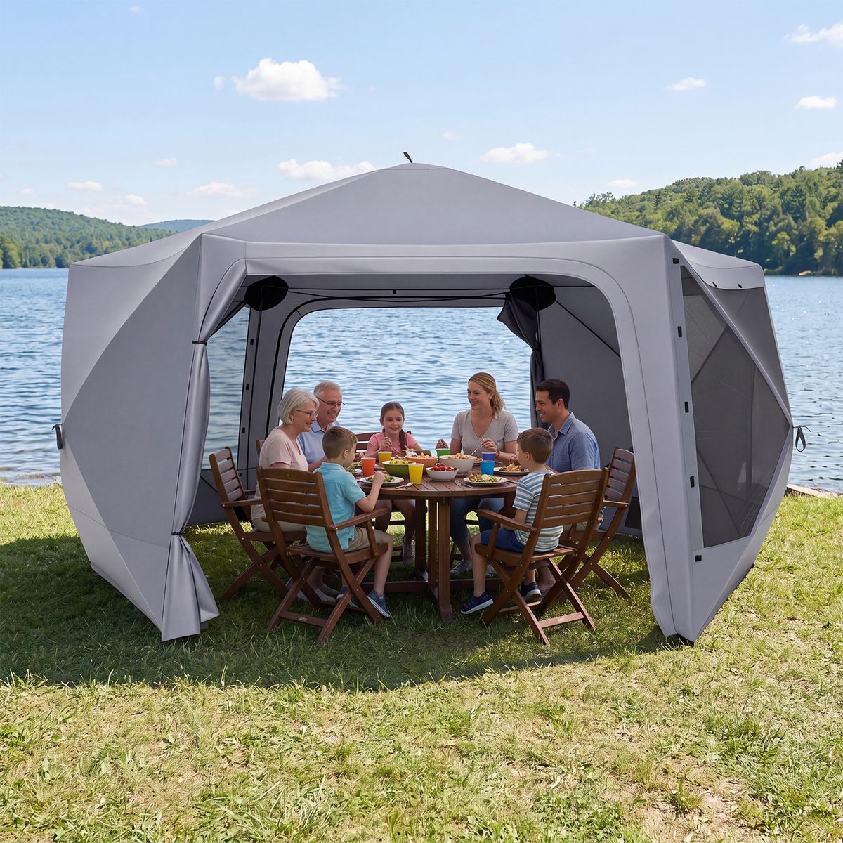 Coast Pop-up Tuinpaviljoen - zeshoekig - met 6 zijwanden en muskietennetten - grijs 427 x 427 cm