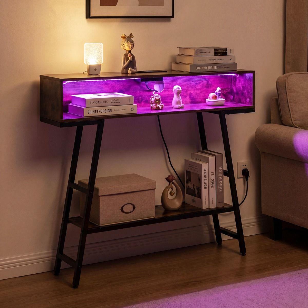 Coast Consoletafel met ledverlichting - oplaadstation - 3 niveaus - roestbruin en zwart - 100 x 20 x 86,5 cm