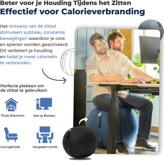 Backerz Zitbal 55 CM - Zitballen met Hoes Linnen - Ergonomische Bureaustoel Kantoor en Thuis - Luxe Yoga Bal - Zwart 2