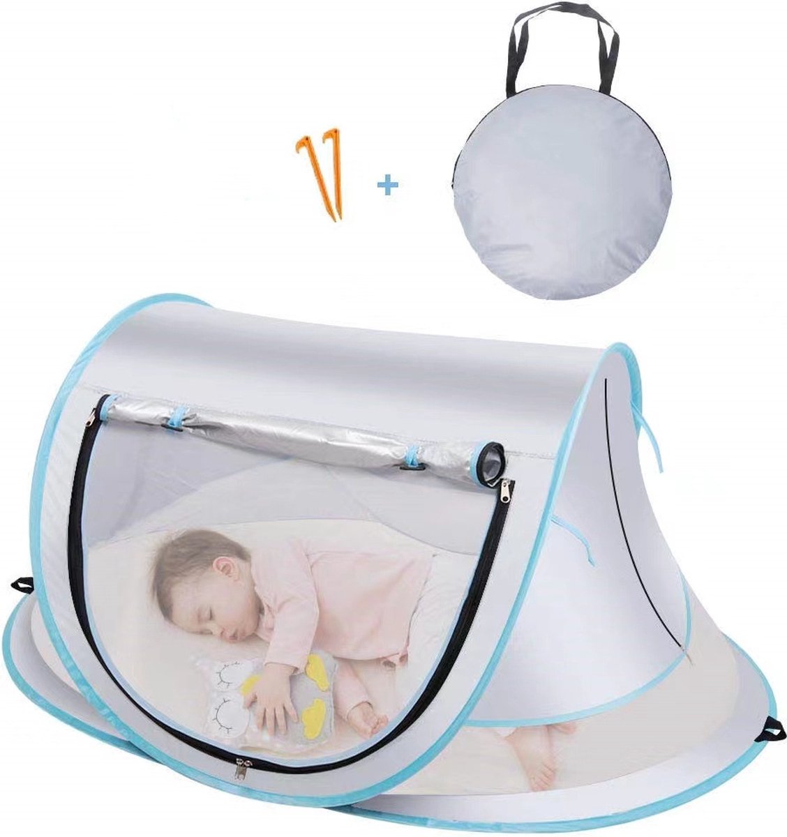 Fuegobird BabyBox Campingbedje - UV50+ - Opvouwbaar - Incl. Muggengaas - 140 x 65 x 90 cm - Zilver
