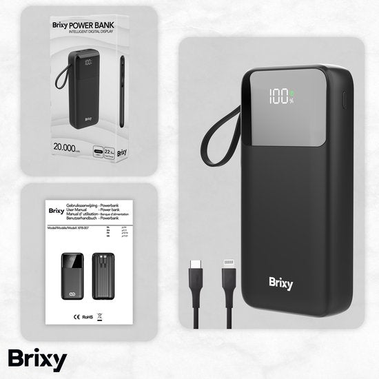 Brixy Powerbank - 20.000 mAh - 22.5W Snellader - LED Display - USB-A/USB-C - Voor O.a. iPhone & Samsung - Zwart