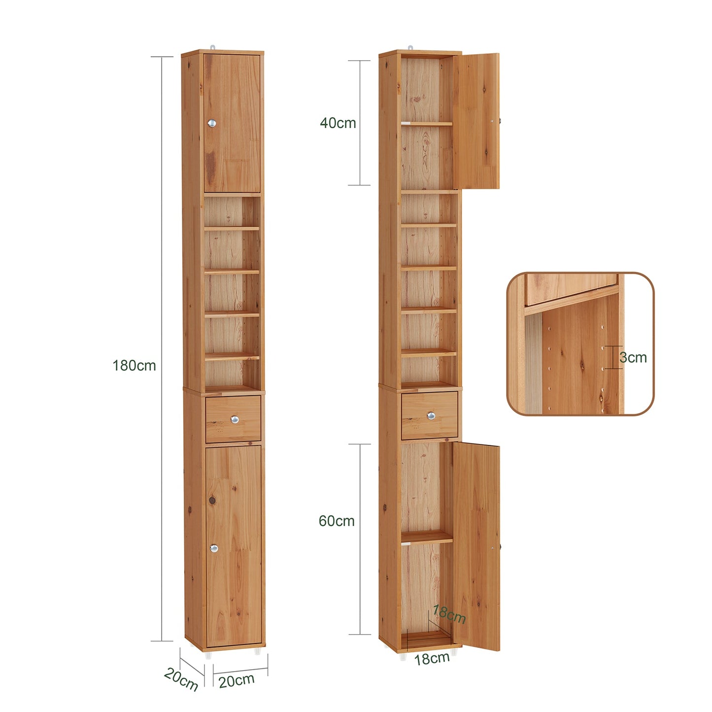SoBuy Hoge Badkamerkast BZR34-II-SH 20 x 20 x 180 cm – Massief Cederhout – Houtkleur