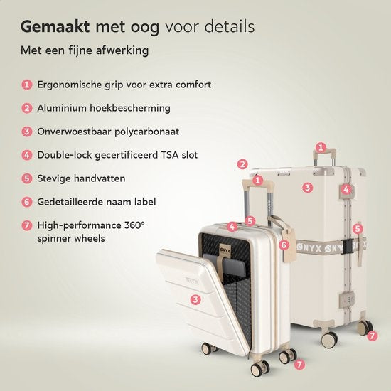ONYX 2-delige Kofferset - Handbagage met voorvak en Check-in koffer - 35L/100 L - TSA slot - Lichtgewicht Trolley - Aluminium sluiting - Beige