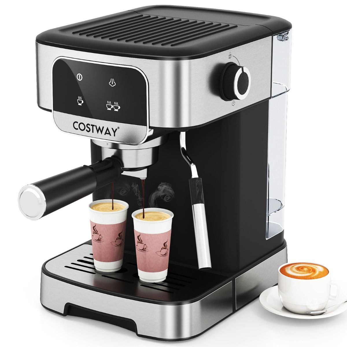 Coast Espressomachine 20 Bar 1200W - Stoom-melkopschuimer - 1,8L Waterreservoir - Touchscreen - Zwart/Zilver - 26x21x28cm