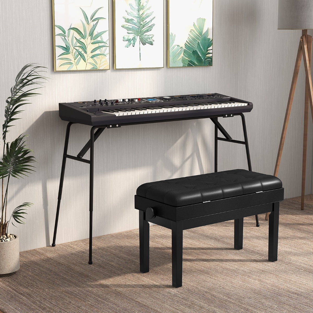 Verstelbare duet-pianobank met Opbergruimte en Waterdicht gewatteerd kussen - 6 x 36 x 48-58 cm - Zwart