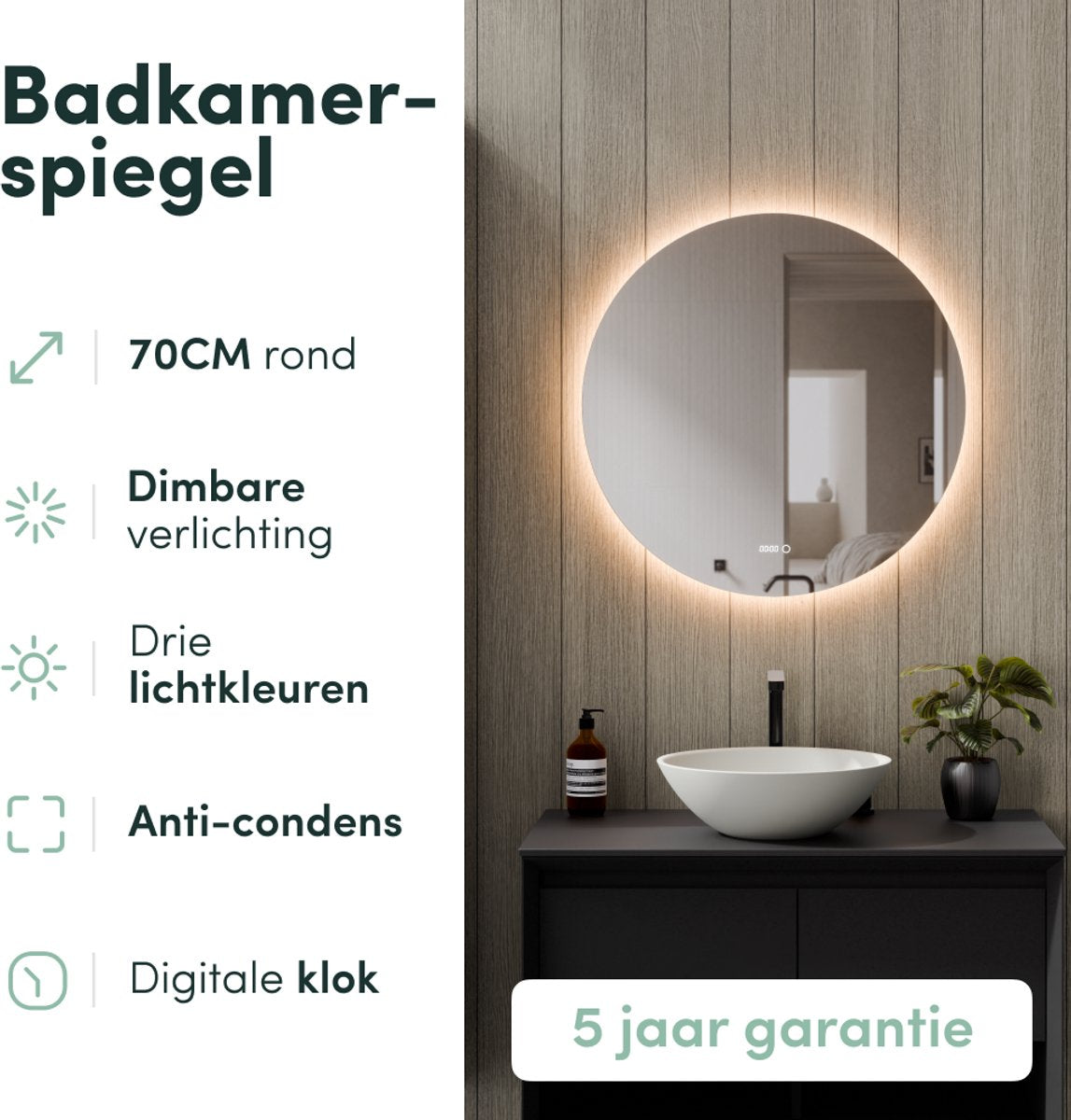 Beloura Badkamerspiegel met Verlichting - Rond - Verwarming - Klok - LED - 70 cm