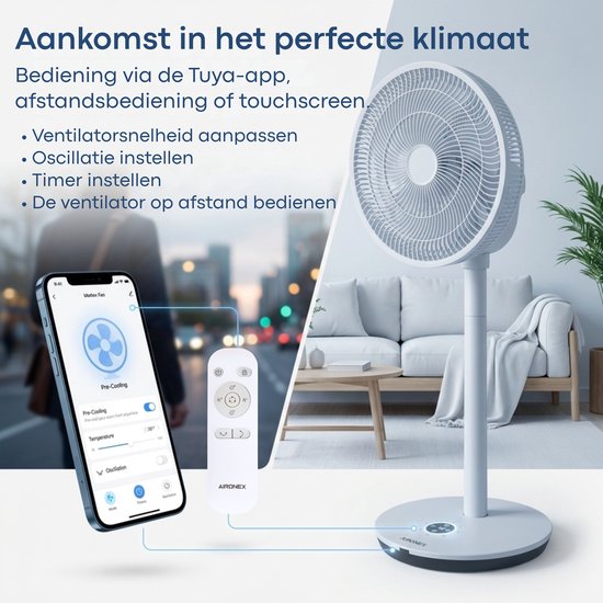 Aironex Ventilator - Stille Statiefventilator met 26 snelheden - App bediening - Laag verbruik - Wit - Met Aromafunctie en Wifi - Timer en Nachtmodus - In hoogte verstelbaar - Horizontale + Verticale oscillatie