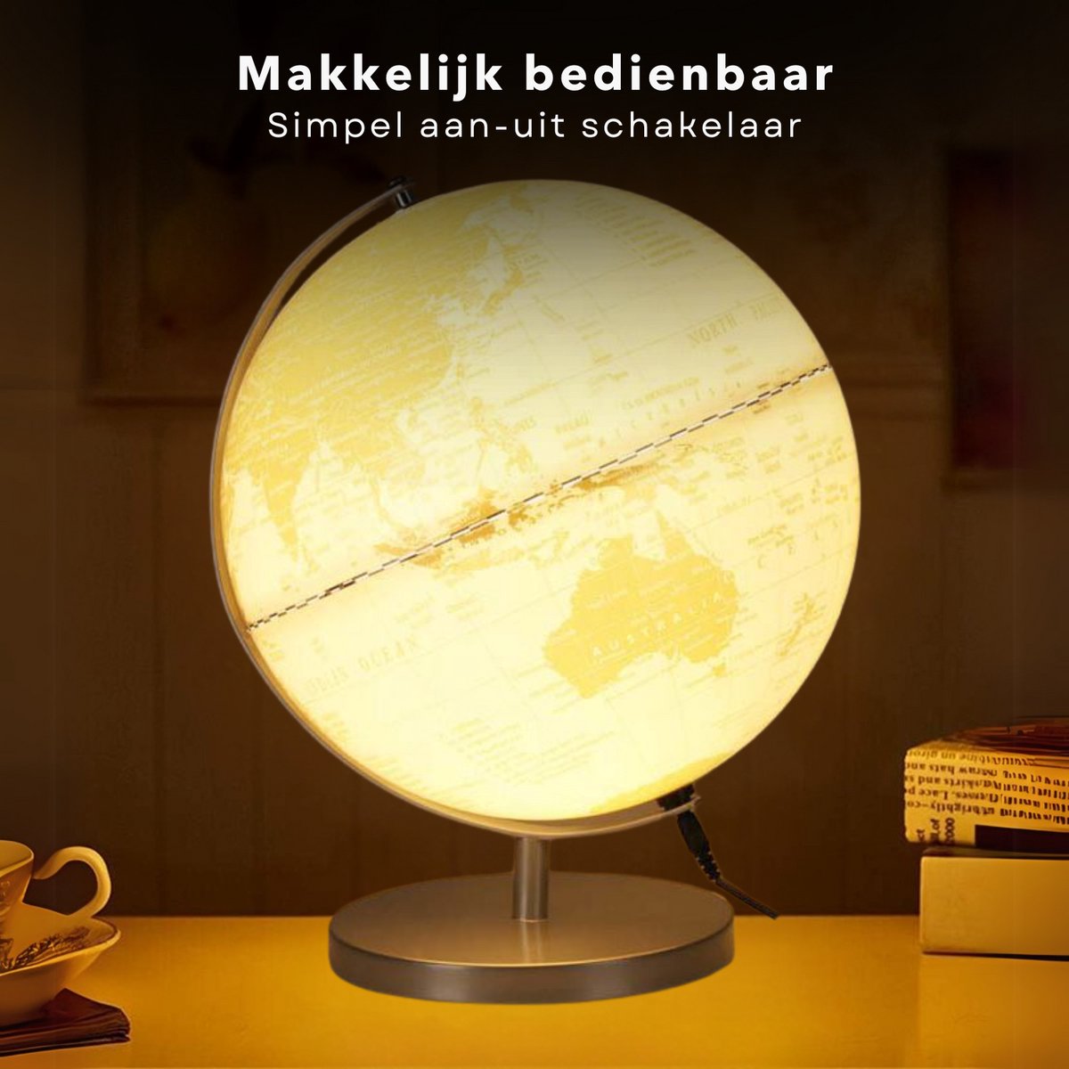 Cheqo® Wereldbol Lamp 31 cm – LED Globe met Verlichting – Wit Goud – Decoratieve USB Wereldbollamp