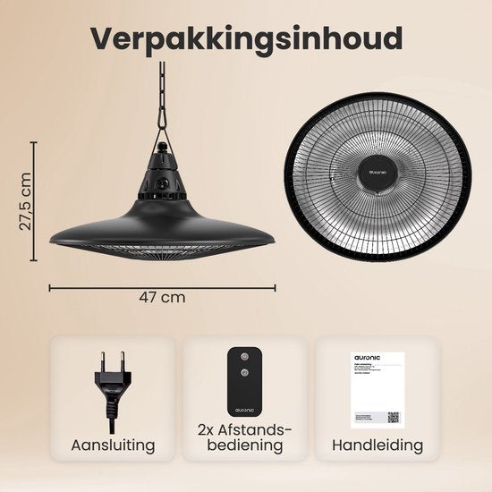Auronic Terrasverwarmer - Infrarood Verwarming - Hangend - 10m2 - Elektrisch - 1500W - Afstandsbediening - Zwart