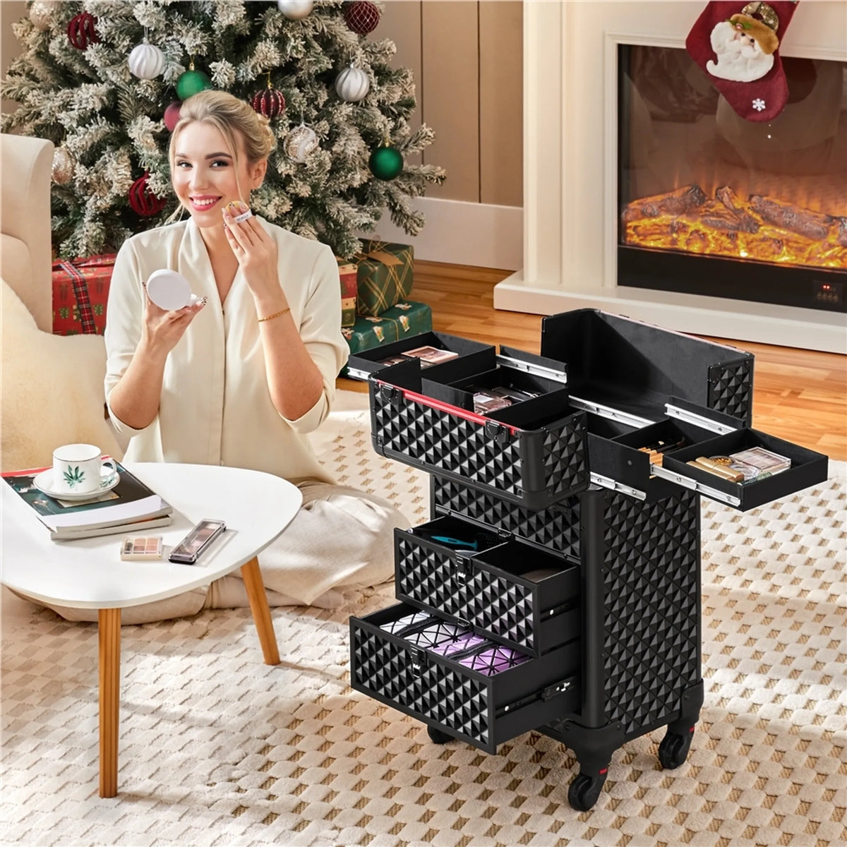 Yaheetech Make-up Koffer Verrijdbaar – Voorzien Van 2 Lades En Uitschuifbare Handgreep En Diamantvormige Decoratie – Voor Visagisten En Nagelstylisten – Zwart Metaal En MDF – 34,5 x 24,5 x 58 cm