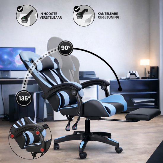 Bayt Gamestoel - Gaming stoel - Gamingstoel - Comfort gamer stoel - Zwart en Lichtblauw