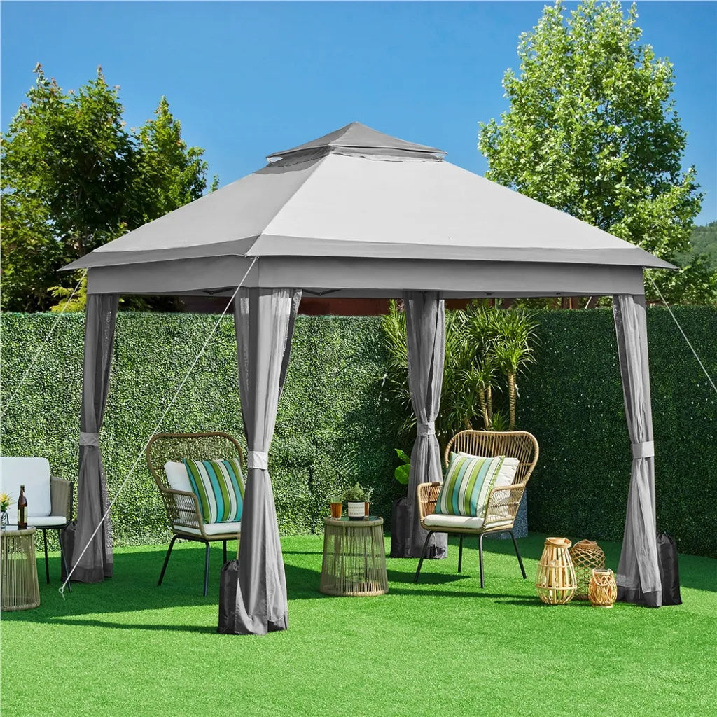 Yaheetech Pop-up Partytent 330 x 330 cm - Lichtgrijs/Donkergrijs - Opvouwbare Tuinpaviljoen met Dubbel Dak en 4 Mesh Zijwanden