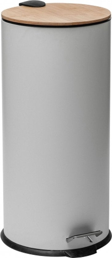 5Five prullenbak/pedaalemmer Bamboe - wit - metaal - 30 liter - 38 x 29 x 60 cm - keuken