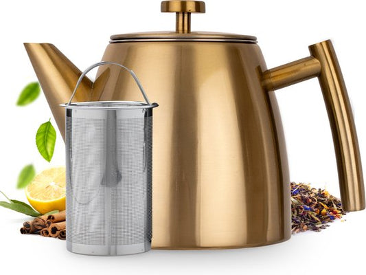 Vaja® Theepot Juliette Goud - Dubbelwandig - 1 Liter - RVS Theekan met Filter & Warmhouder