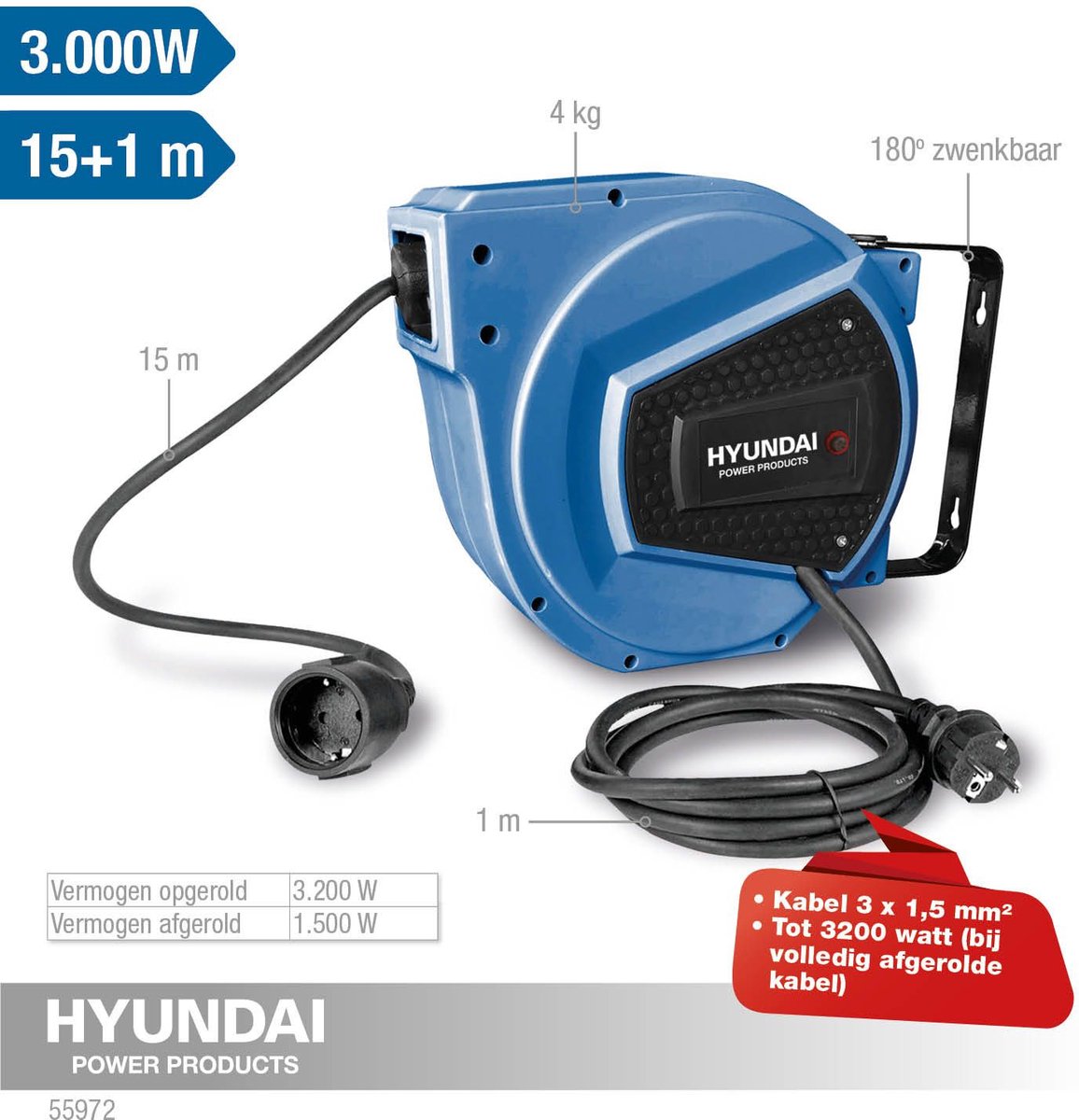 Hyundai wandkabelhaspel 15 m 3x1,5 mm² automatisch oprolbaar blauw – zwenkbare wandhouder – 3200 W