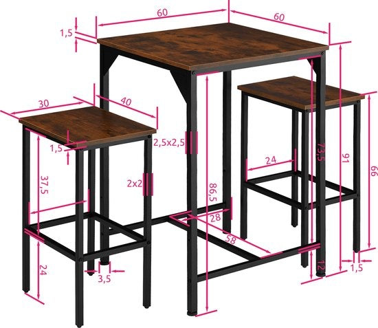 tectake - Bartafelset Inverness industrieel donkerbruin	- 404362