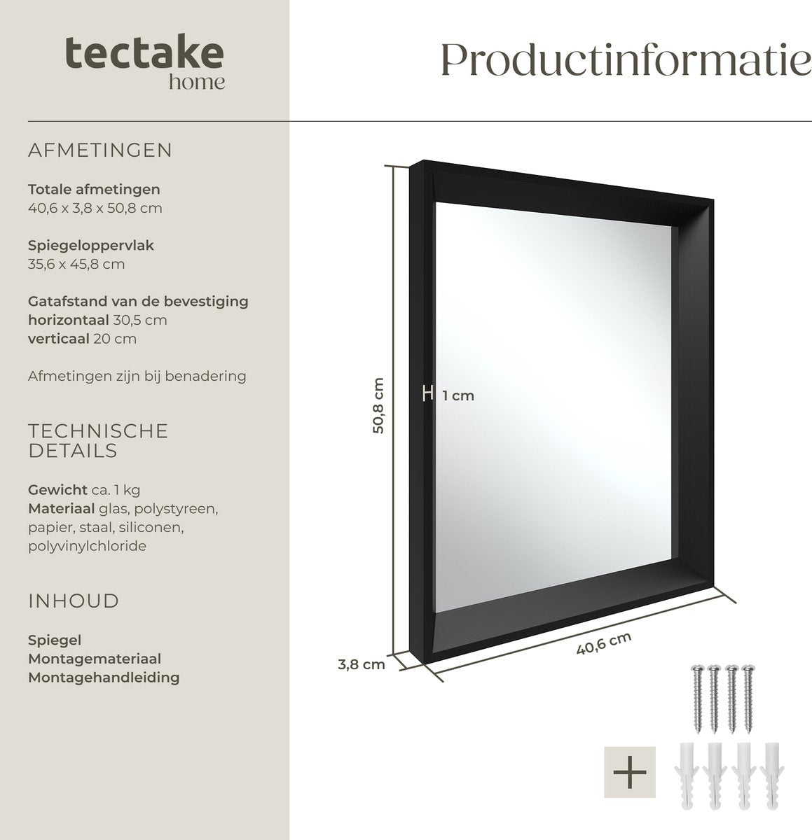 tectake® Wandspiegel Elina - 40,6 x 50,8 cm - Zwart - Rechthoekig Kunststoflijst