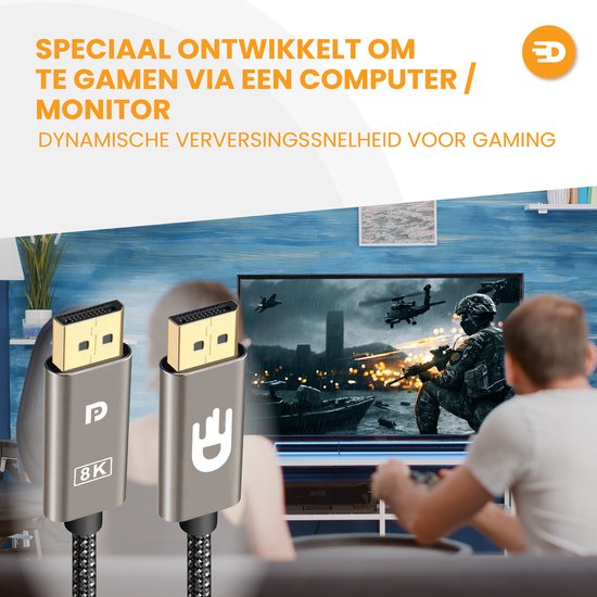 Drivv. Displayport Kabel - 8K 60Hz - 4K 144 Hz - 32.4GBps - Displayport 1.4 - DP Kabel - 1 meter - Modern Grey