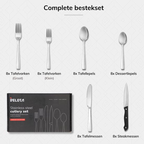 Deleca 8 Persoons Bestekset (48-delig) - Lepels, Messen, Vorken & Steakmessen - Vaatwasserbestendig - Zilver / RVS