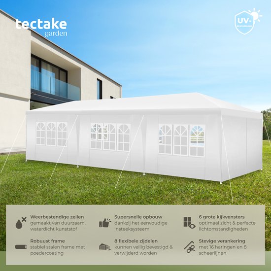 tectake® Paviljoen Miramas - Partytent 9x3 m - Wit - 8 verwijderbare Zijpanelen - UV en Waterbestendige Tuinpaviljoen - Inclusief Spanlijnen en Haringen - Overkapping