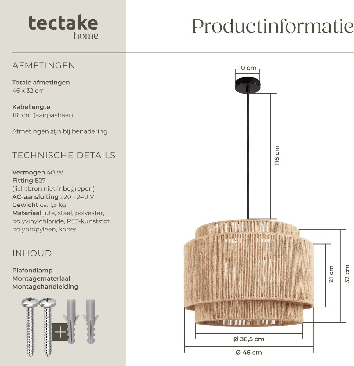 tectake® Plafondlamp Lignea Lux - Boho Hanglamp - Jute Natuur - Ø46 x 32 cm - 40W