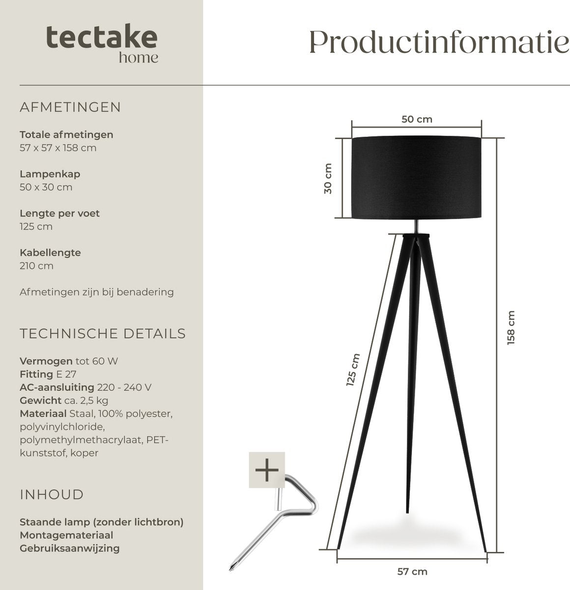 tectake® Vloerlamp - Staande lamp 3-poot - 158 cm hoog - Linnenlook kap - Voetschakelaar - Zwart