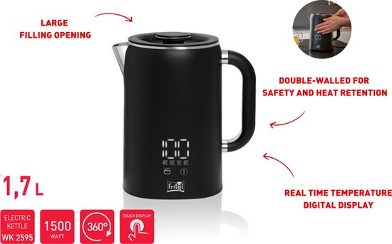 FRITEL Waterkoker WK 2595 - Heetwaterkoker / Theewaterkoker - 1,7 liter - 1500W - Dubbelwandig - Touch Display - Keep-Warm functie - Zwart Mat