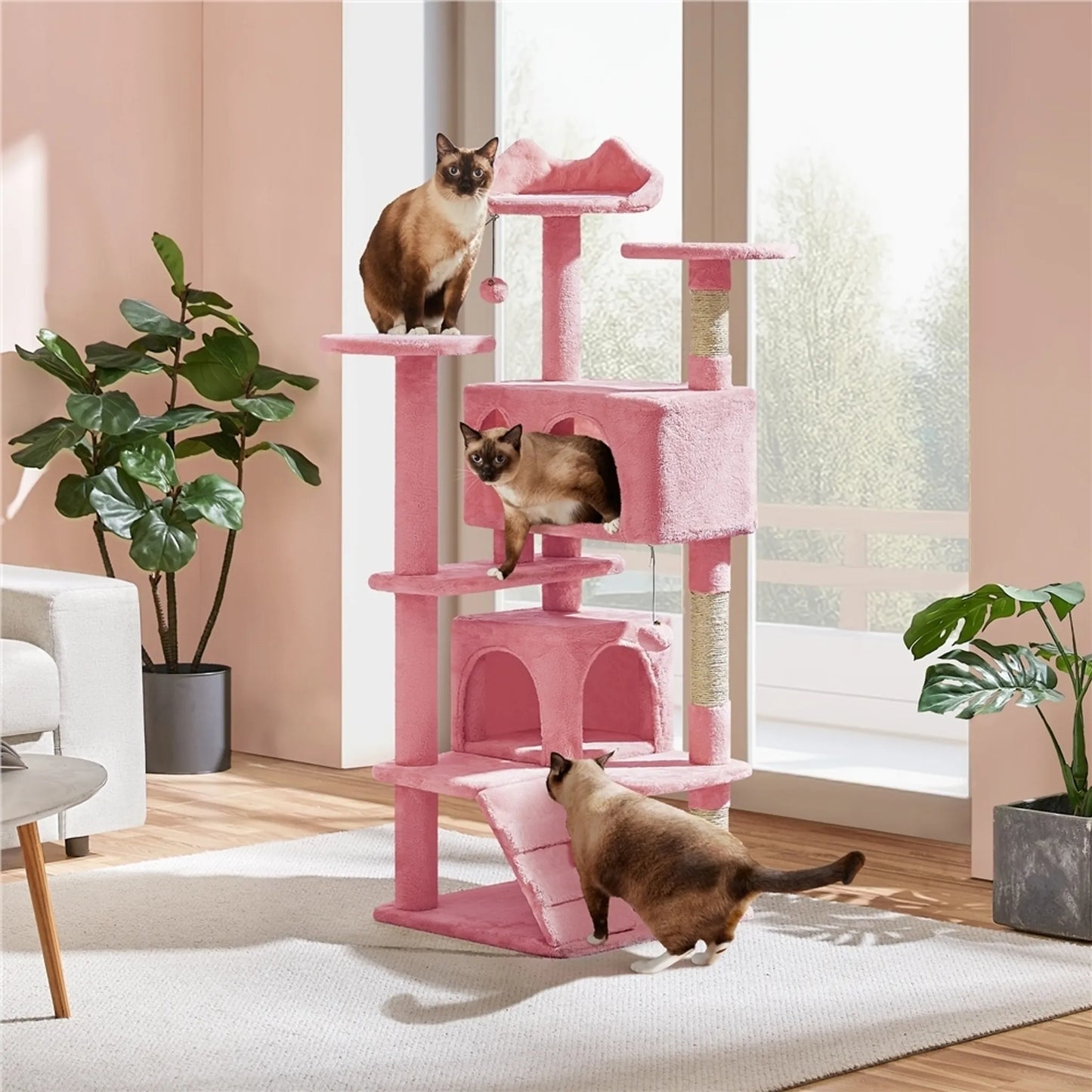 Yaheetech Krabpaal Met 3 Uitkijkplatforms – Voorzien Van 2 Kattenmanden En Sisalpalen En Speelbal Met Belletje – Voor Huishoudens Met Meerdere Katten – Roze Pluche En E1 Spaanplaat – 49 x 49 x 139 cm