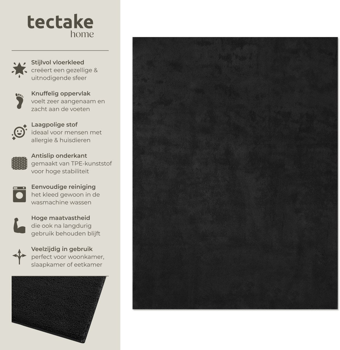 tectake Soft Zone Vloerkleed – Kortpolig – Extra Zacht – Zwart – 140 × 200 cm