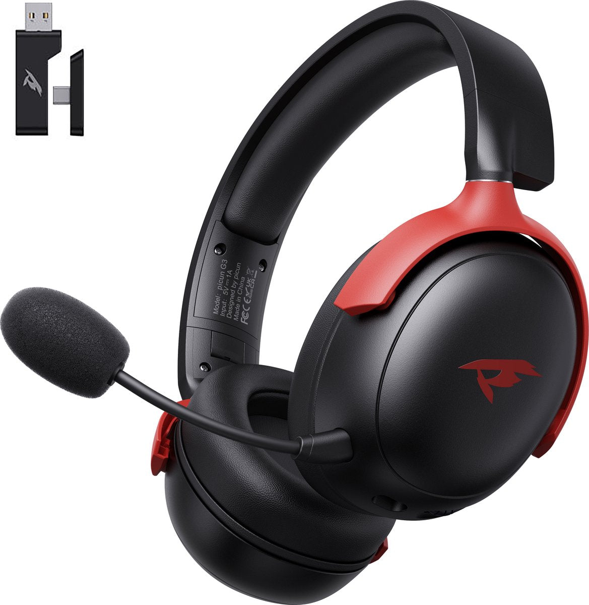 Kofire Picun G3 Draadloze Gaming Headset – Over-Ear Koptelefoon met Microfoon – 53mm Drivers – 50 Uur Batterijduur – PC/PS4/PS5/Nintendo Switch/Xbox – Zwart/Rood – 238g