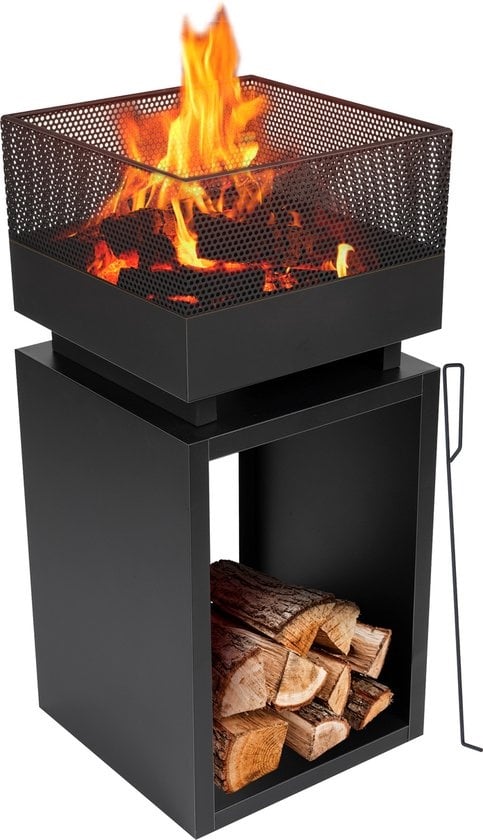 BBQ Collection Vuurkorf – Met Vonkenscherm & Houtopslag – 39 x 39 x 85 cm – Zwart